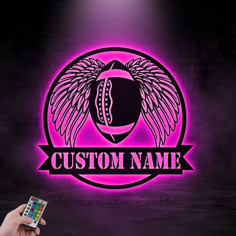 Custom Name Football With Wing, Metal Wall Signs With RGB Led Light