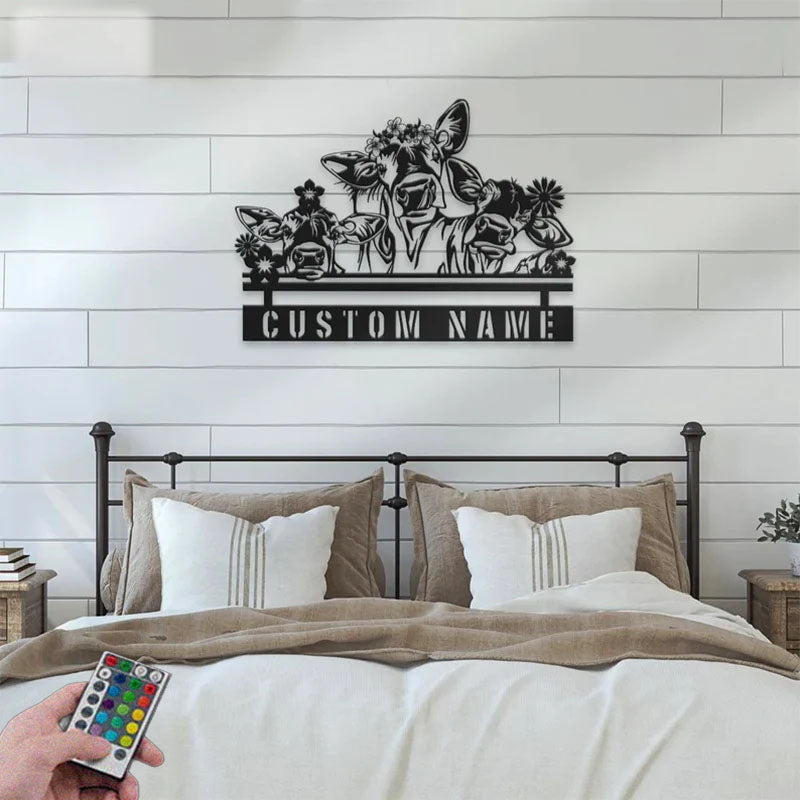 Custom Name Funny Calf Farm Name Sign Home Decor Heifer Barn, Metal Wall Signs With RGB Led Light