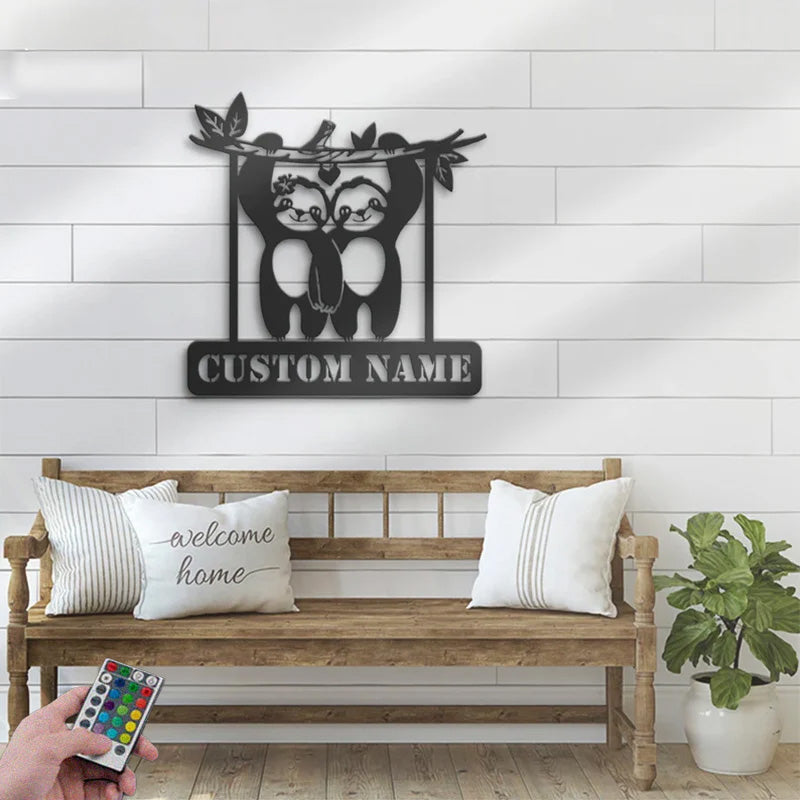Custom Name Funny Lazy Sloth Lover Metal Wall Signs With RGB Led Light