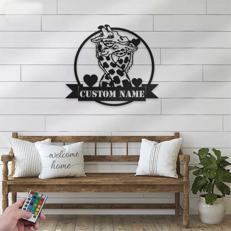 Custom Name Giraffes Lover Metal Wall Signs With RGB Led Light