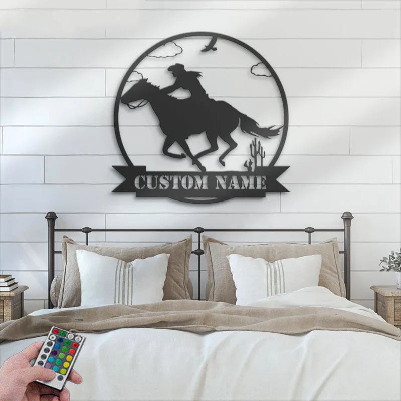 Custom Name Girl And Horse Name Sign Home Decor Horse Farmhouse Barn, Metal Wall Signs With RGB Led Light