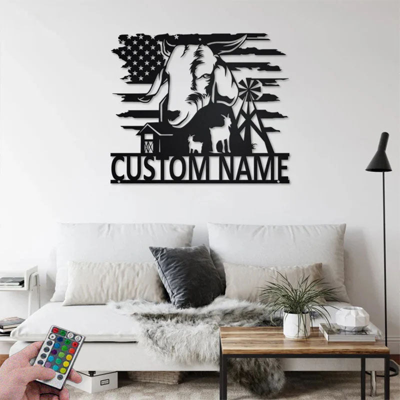 Custom Name Goat Farm Name Sign Decoration For Room, Metal Wall Signs With RGB Led Light