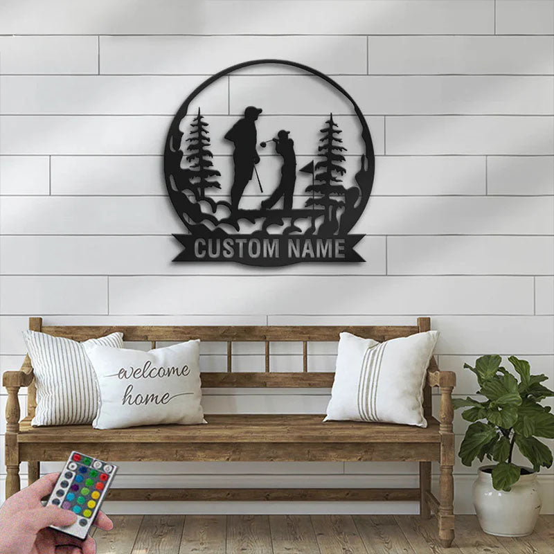 Custom Name Golfer Family Name Sign Home Decor 19th Hole Golf Club, Metal Wall Signs With RGB Led Light