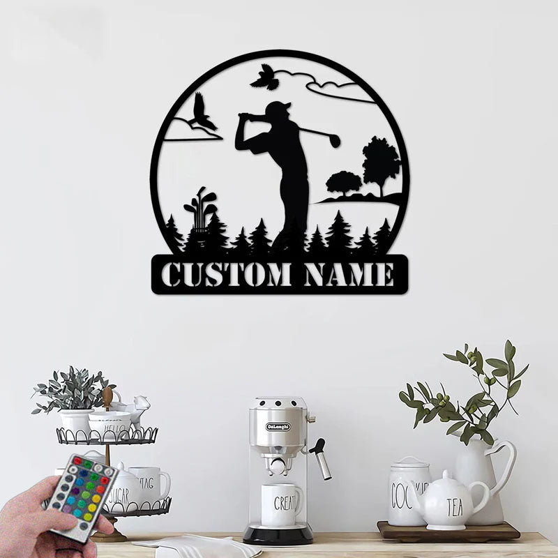 Custom Name Golfer Golf Club Decoration Man Cave Golf, Metal Wall Signs With RGB Led Light