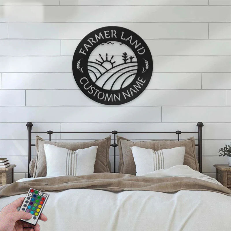 Custom Name Grain Farmhouse Name Sign Home Decor Business Barn, Metal Wall Signs With RGB Led Light