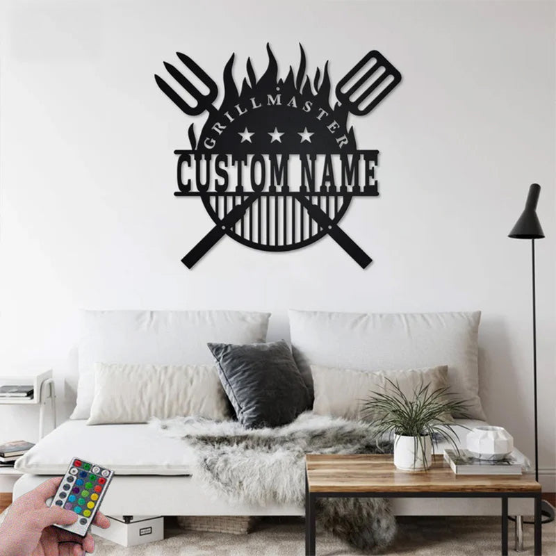 Custom Name Grillmaster BBQ Metal Wall Signs With RGB Led Light
