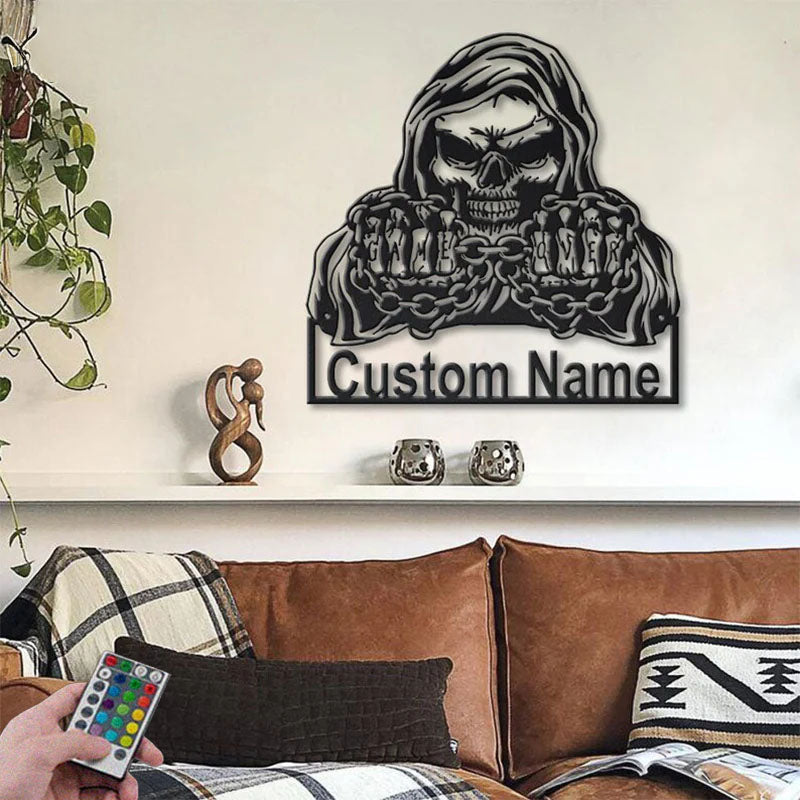Custom Name Grim Reaper Skull Skeleton Metal Wall Signs With RGB Led Light