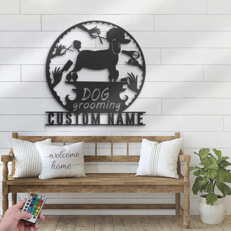 Custom Name Groomer Name Sign Home Decor Pet Barber Shop, Metal Wall Signs With RGB Led Light