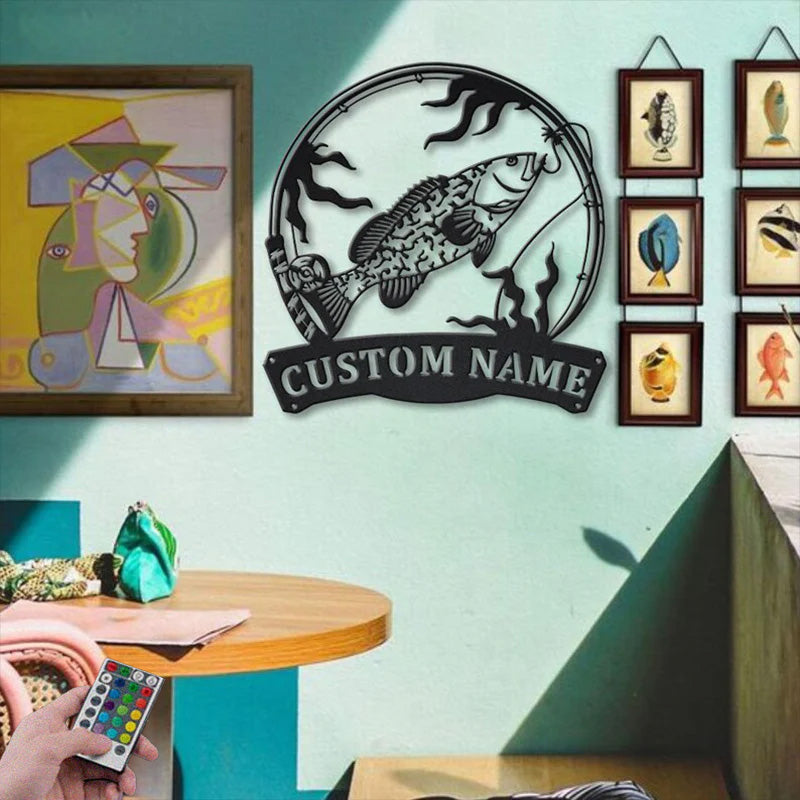 Custom Name Grouper Fishing Fish Pole Metal Wall Signs With RGB Led Light