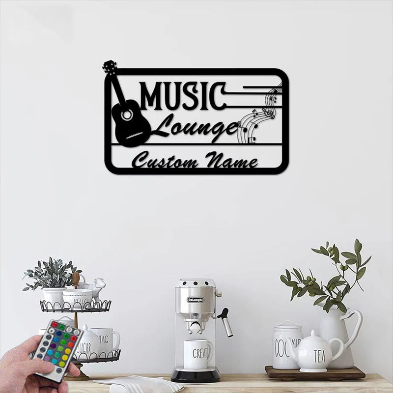 Custom Name Guitar Music Lounge Name Sign Monogram Home Decor Studio Room, Metal Wall Signs With RGB Led Light