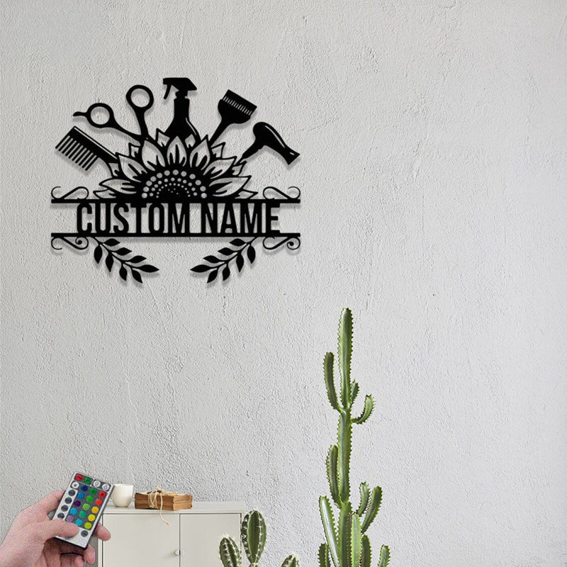 Custom Name Hair Salon Wall Art, Metal Wall Signs With RGB Led Light