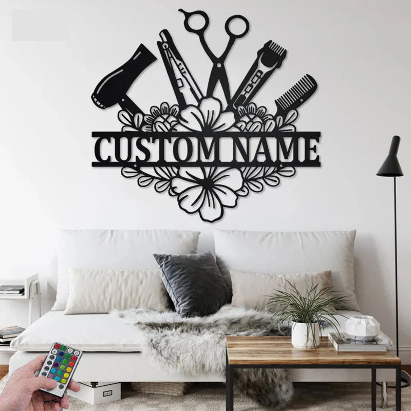 Custom Name Hair Stylist Name Sign Decoration For Room, Metal Wall Signs With RGB Led Light
