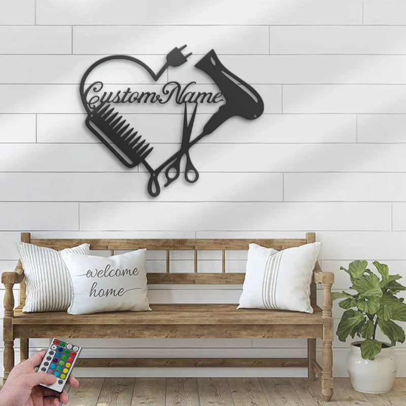 Custom Name Hair Stylist Name Sign Home Decor Hairdresser, Metal Wall Signs With RGB Led Light