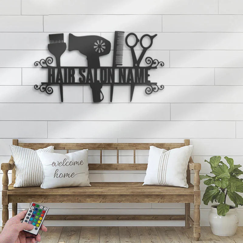 Custom Name Hair Stylist Name Sign Home Decor, Metal Wall Signs With RGB Led Light