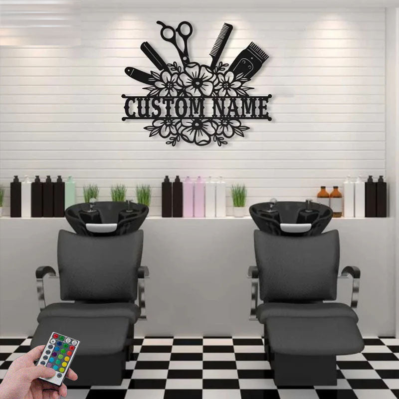 Custom Name Hair Stylist, Metal Wall Signs With RGB Led Light