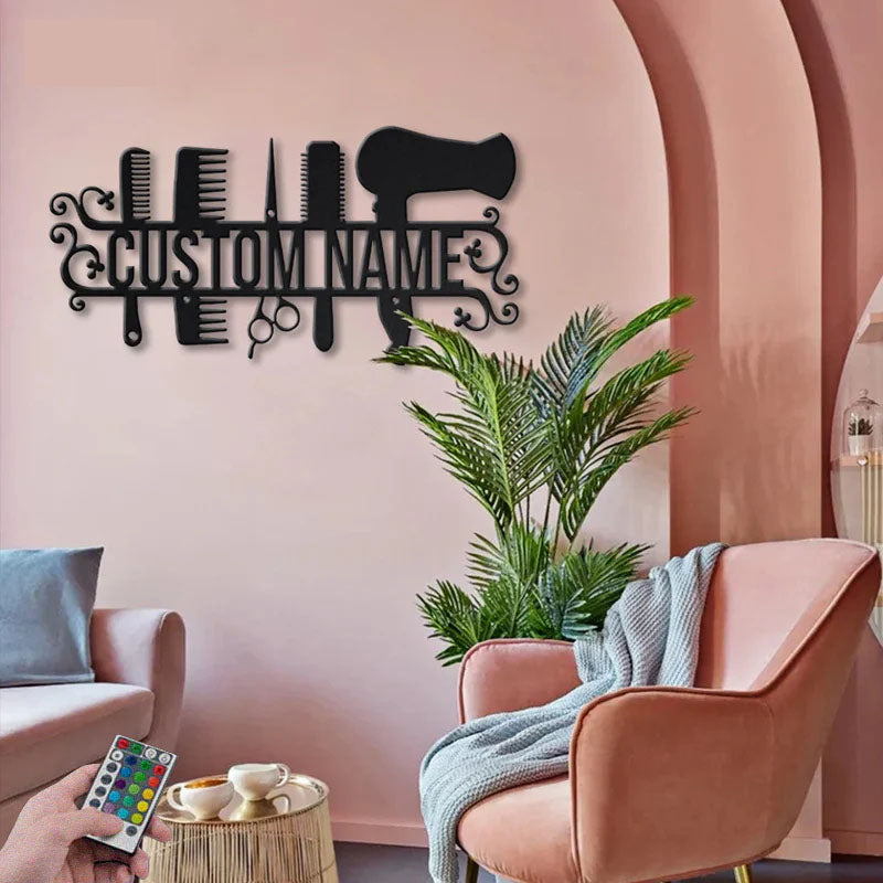 Custom Name Hairdresser Tools, Metal Wall Signs With RGB Led Light