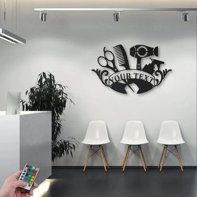 Custom Name Hairstylist Beauty Salon, Metal Wall Signs With RGB Led Light