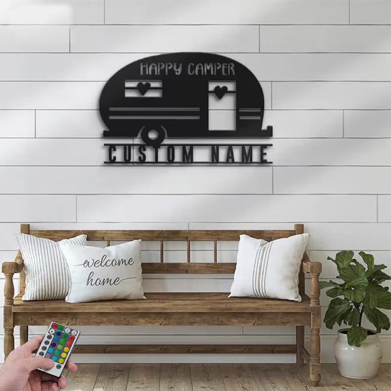 Custom Name Happy Camper Van Metal Wall Signs With RGB Led Light