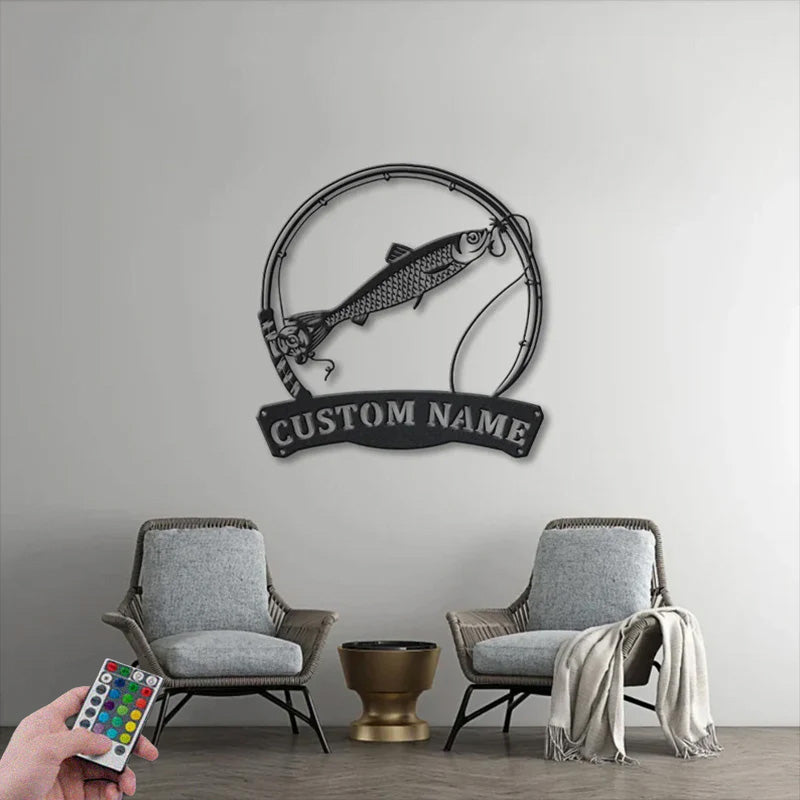Custom Name Herring Fishing Fish Pole Metal Wall Signs With RGB Led Light