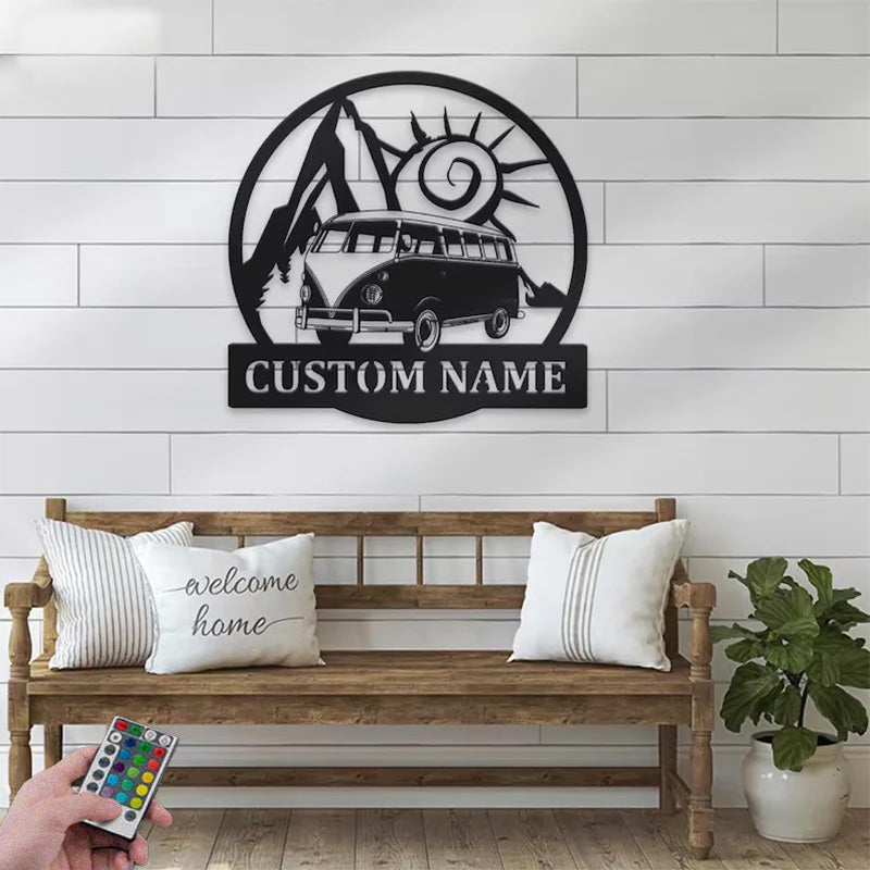 Custom Name Hippie Bus Van Name Sign Home Decor Metal Wall Signs With RGB Led Light