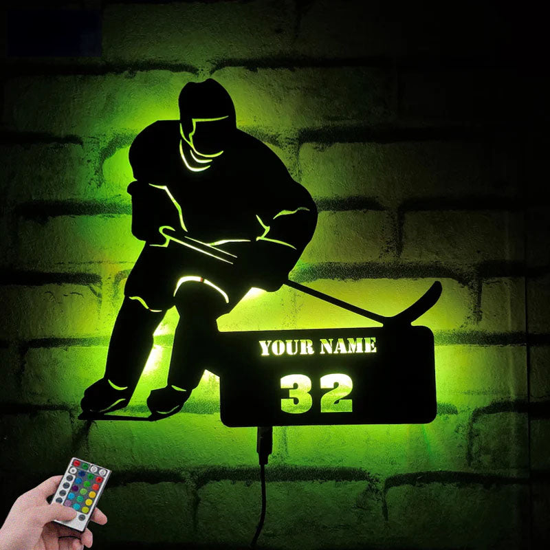 Custom Name Hockey Player Sign, Metal Wall Signs With RGB Led Light