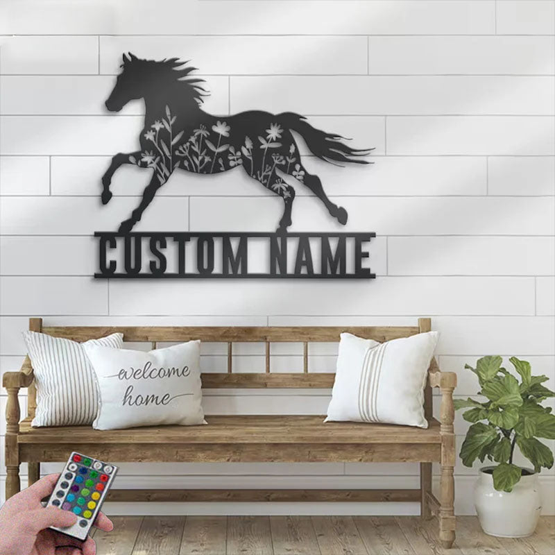 Custom Name Horse Flower Name Sign Home Decor Horse Barn, Metal Wall Signs With RGB Led Light