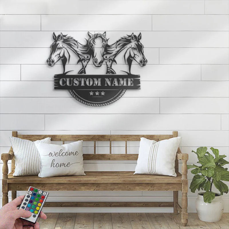 Custom Name Horse Livestock Name Sign Home Decor Horse Barn, Metal Wall Signs With RGB Led Light