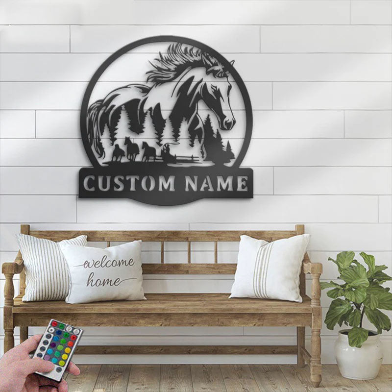 Custom Name Horse Livestock Name Sign Home Decor Horse Barn, Metal Wall Signs With RGB Led Light