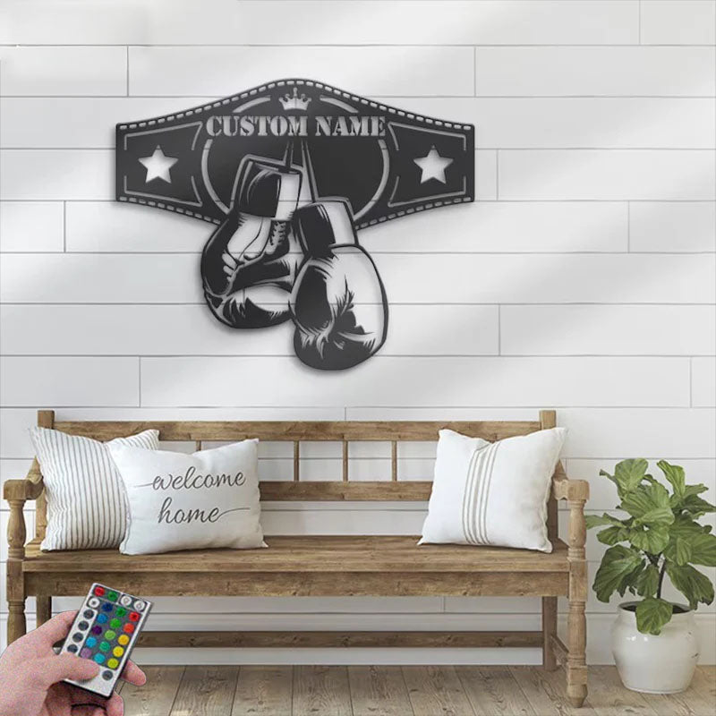 Custom Name King Boxer Belt Name Sign Home Decor Gym Room, Metal Wall Signs With RGB Led Light