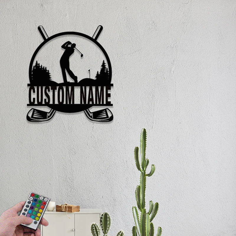Custom Name LED Golfing Metal Wall Art, Metal Wall Signs With RGB Led Light