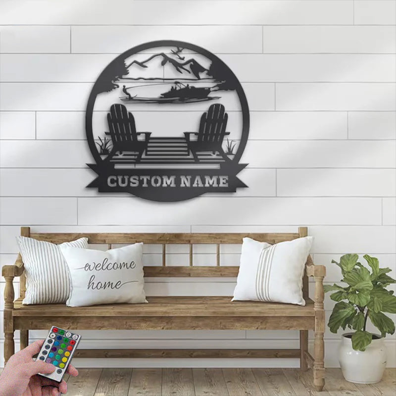 Custom Name Lake Mountain Scene Name Sign Home Decor Metal Wall Signs With RGB Led Light