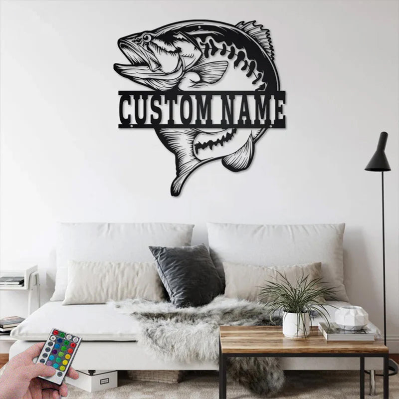 Custom Name Largemouth Bass Fish Name Sign Decoration For Room Metal Wall Signs With RGB Led Light