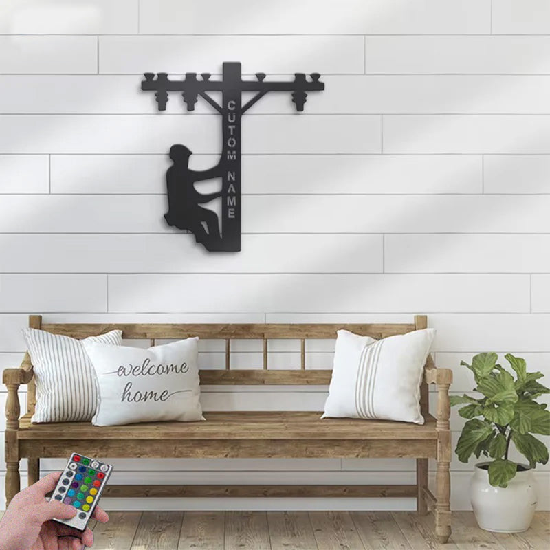 Custom Name Lineman Electrician Metal Wall Signs With RGB Led Light