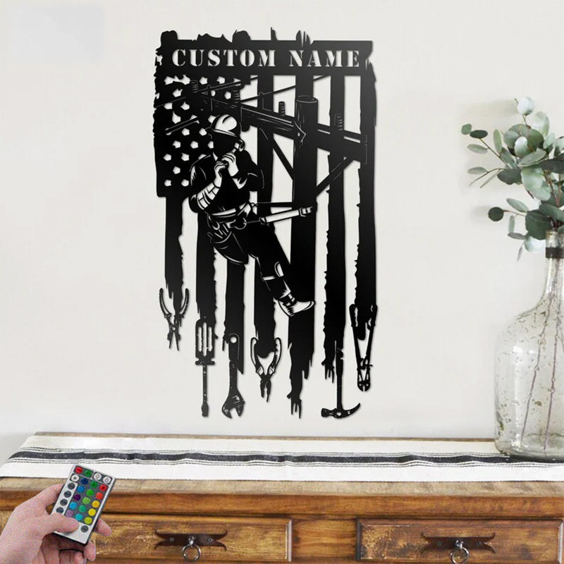 Custom Name Lineman Gifts Metal Wall Signs With RGB Led Light