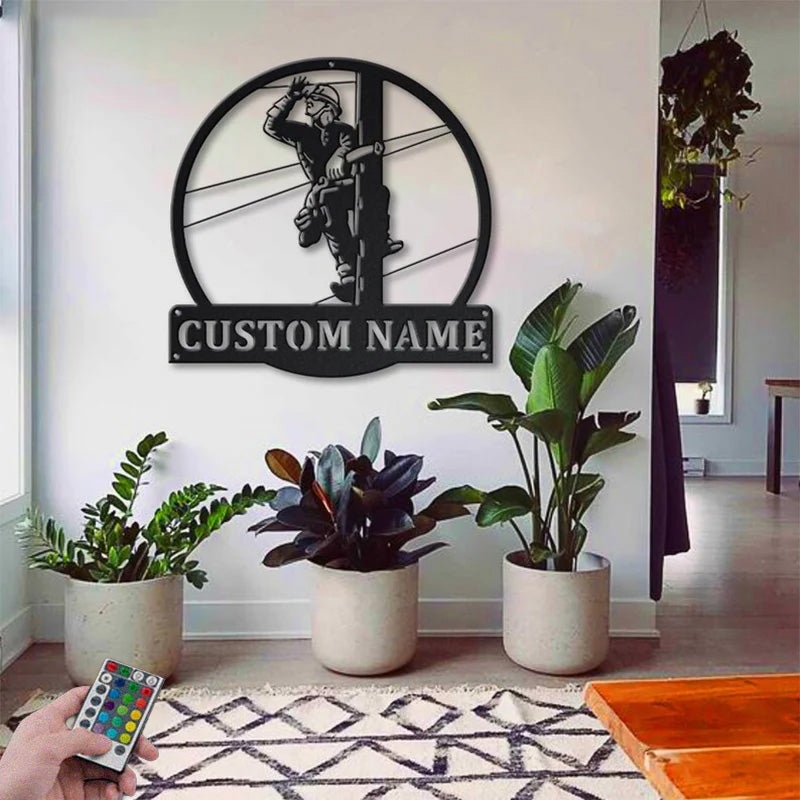 Custom Name Lineman Linework Metal Wall Signs With RGB Led Light
