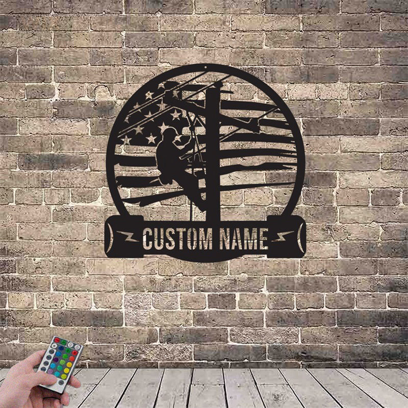 Custom Name Lineman Metal Wall Signs With RGB Led Light