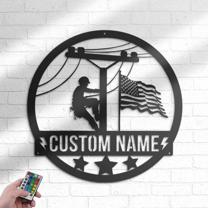 Custom Name Lineman Room Metal Wall Signs With RGB Led Light