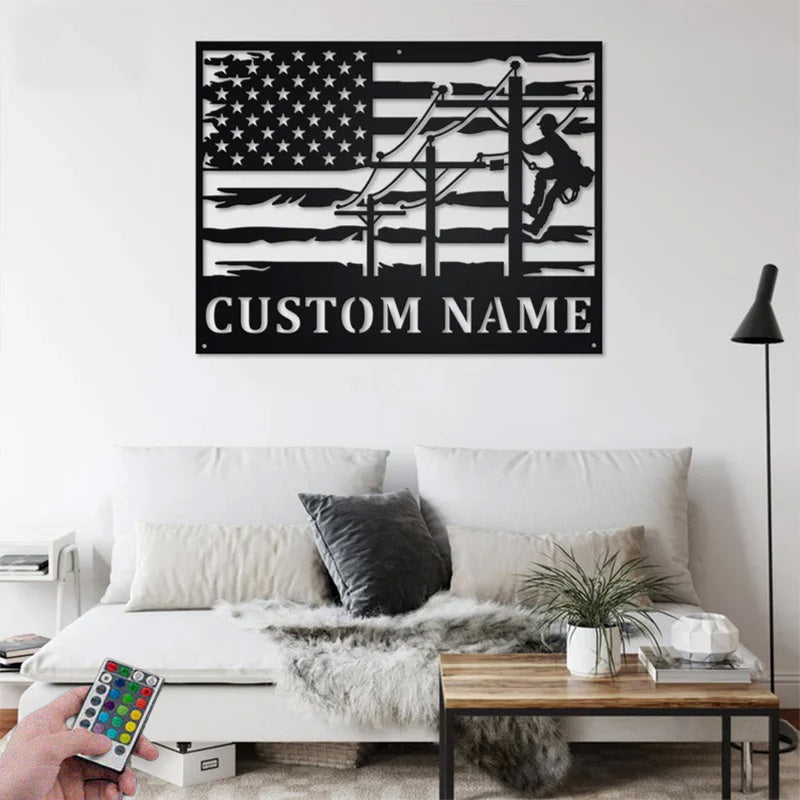 Custom Name Lineman USA Flag Round Metal Wall Signs With RGB Led Light