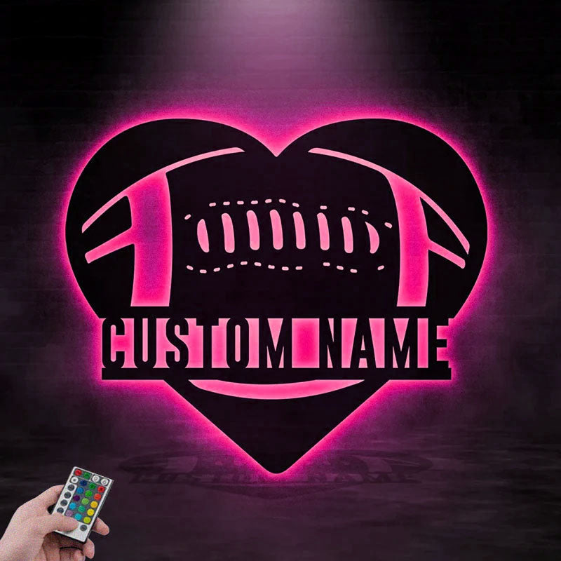 Custom Name Love Football, Metal Wall Signs With RGB Led Light