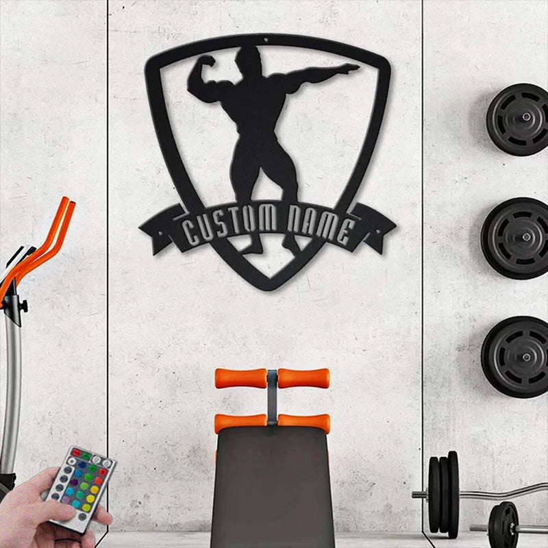 Custom Name Male Bodybuilder For Fitness Wall Art, Gym Room WeightLifting Metal Wall Signs With RGB Led Light