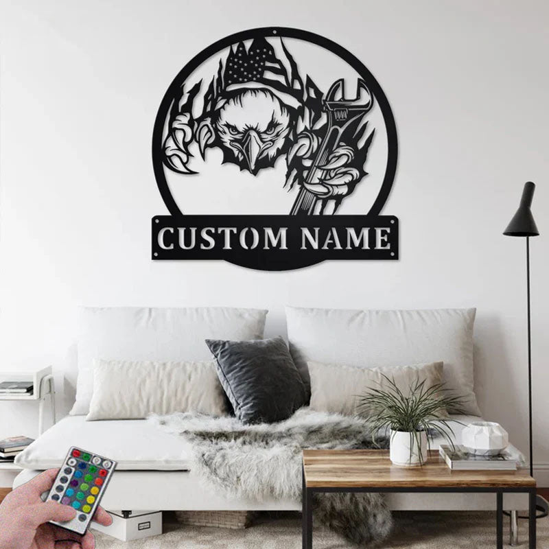 Custom Name Mechanic Garage Name Sign Decoration For Room, Metal Wall Signs With RGB Led Light