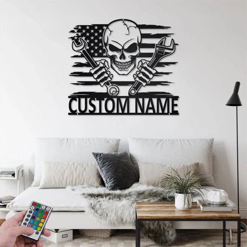 Custom Name Mechanic Garage Name Sign Decoration For Room, Metal Wall Signs With RGB Led Light