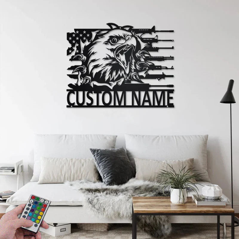 Custom Name Military Eagle Name Sign Decoration For Room, Metal Wall Signs With RGB Led Light