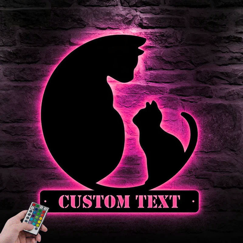 Custom Name Mom and Cat, Metal Wall Signs With RGB Led Light