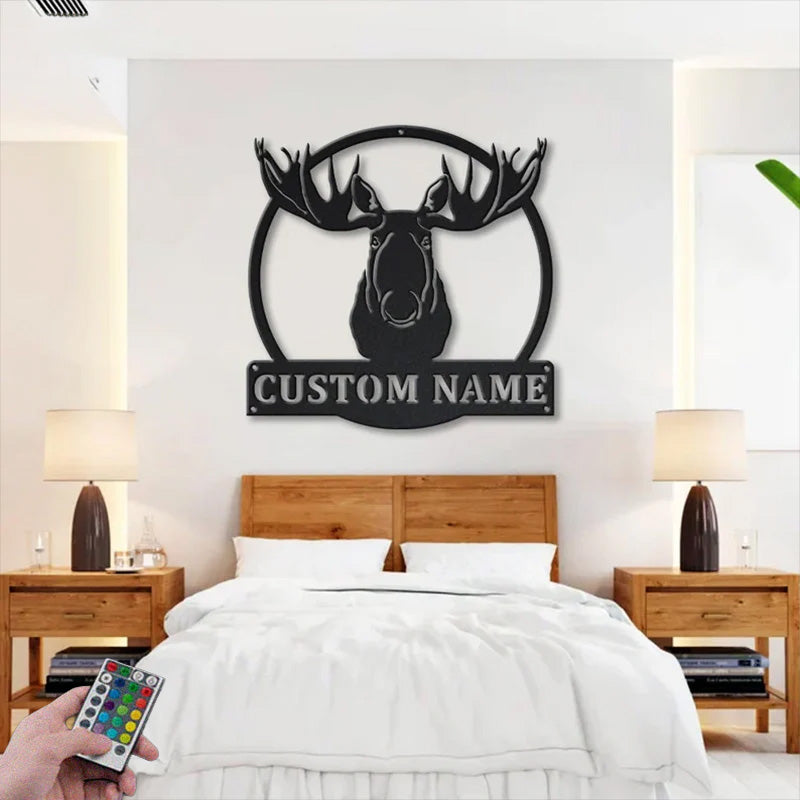 Custom Name Moose Head Anima Metal Wall Signs With RGB Led Light