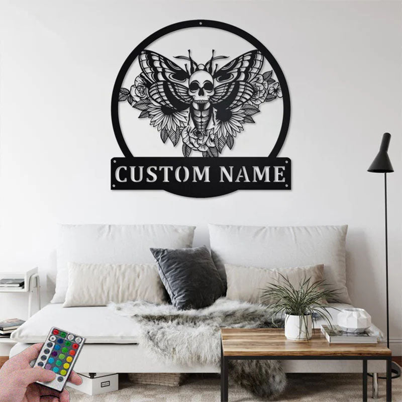 Custom Name Moth Skull Name Sign Decoration For Room, Metal Wall Signs With RGB Led Light