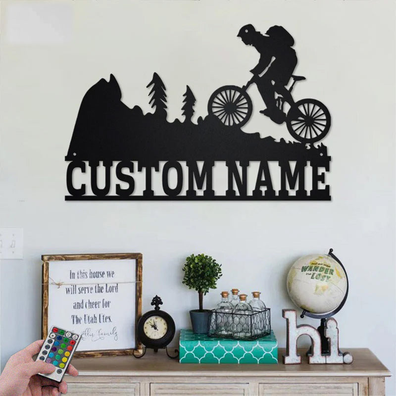 Custom Name Mountain Bike Name Sign Decoration For Room, Metal Wall Signs With RGB Led Light