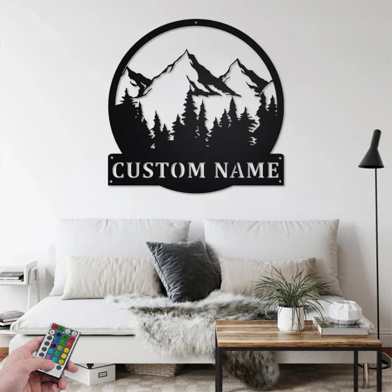 Custom Name Mountain Camper Name Sign Metal Wall Signs With RGB Led Light