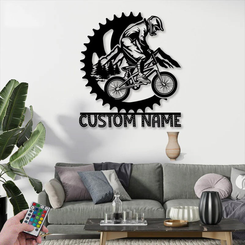 Custom Name Moutain Biking For Home A Half Of Chain Metal Wall Signs With RGB Led Light
