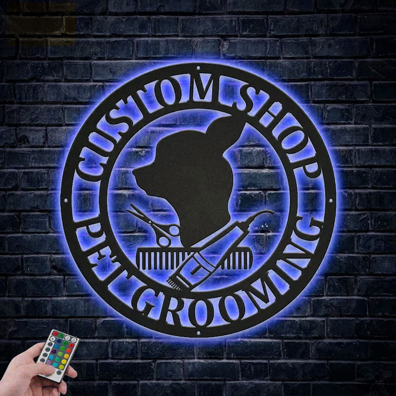 Custom Name Pet Grooming, Metal Wall Signs With RGB Led Light